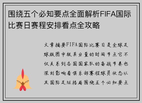 围绕五个必知要点全面解析FIFA国际比赛日赛程安排看点全攻略
